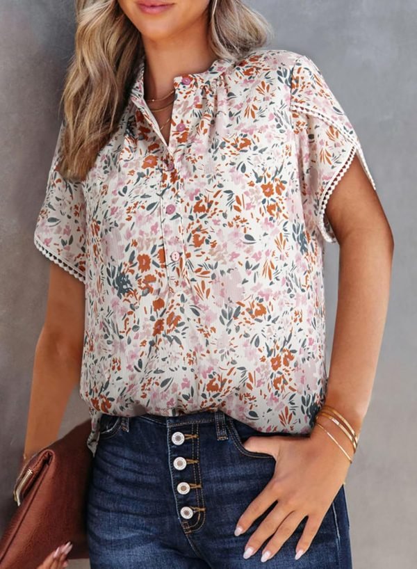 71c3uoD_akL._AC_SL1500 Womens Tops Summer Casual Boho Floral Print Short Sleeve Half Button Down V Neck Chiffon Blouses Shirts