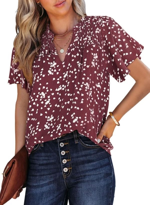 71ce9brNnjL._AC_SL1500 Women's Casual V Neck Floral Print Smocked Short Sleeve Chiffon Blouses Bohemian Top Shirts