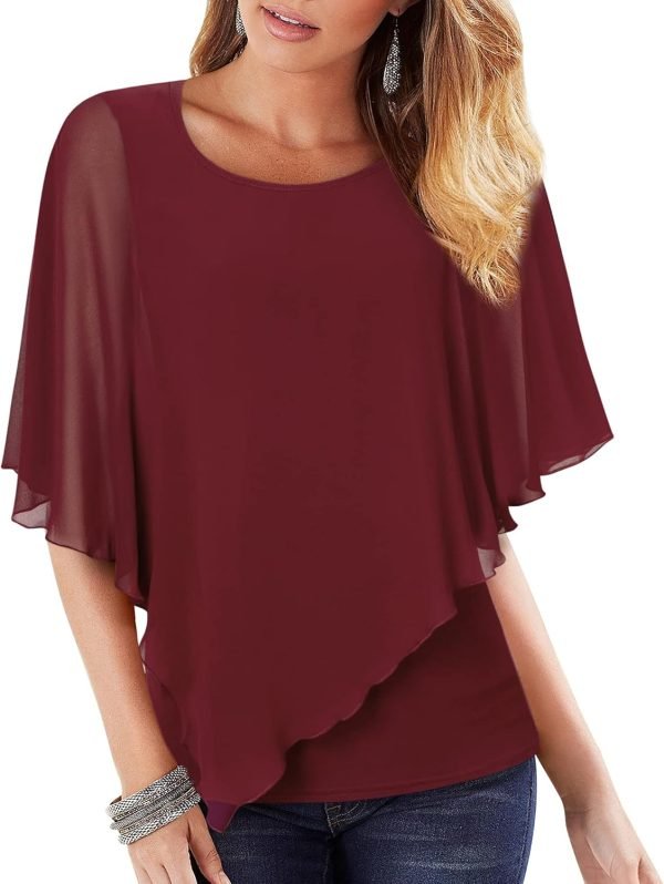 71cl-3TW9XS._AC_SL1500 Women's Lightweight Flowy Shirt Double-Layered Printed Chiffon Poncho Blouse Top