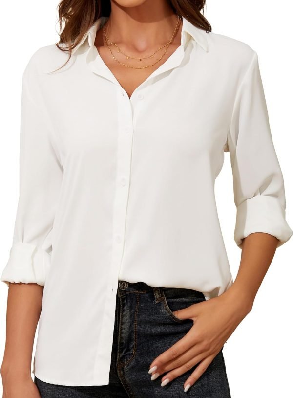 71cpAWlGwAL._AC_SL1500 Womens Button Down Shirt Long Sleeve Classic Collared Tops Work Office Casual Chiffon Blouse