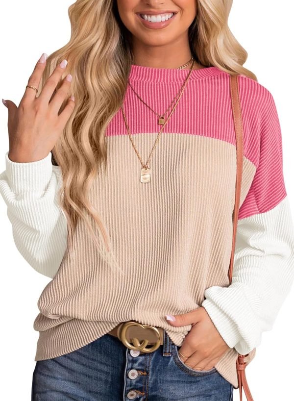 71dGZnywqjL._AC_SL1500 Womens Fashion 2024 Color Block Long Sleeve Crewneck Knitted Casual Loose Pullover Shirts Tops