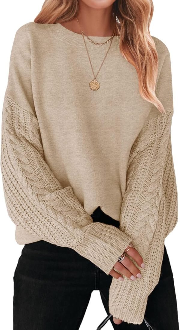 71dfef5tKQL._AC_SL1500 Women's 2024 Fall Long Sleeve Crew Neck Solid Color Cable Knit Chunky Casual Oversized Pullover Sweater Tops