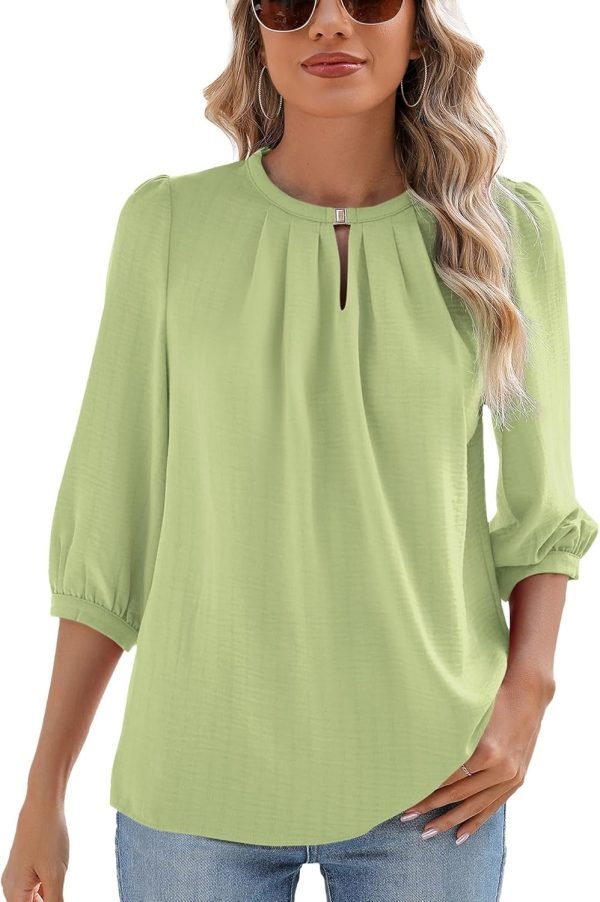V Neck Puff 3/4 Length Sleeve Womens Tops Dressy Casual Chiffon Work Blouses Pleated T-Shirts Loose Fit S-XXL
