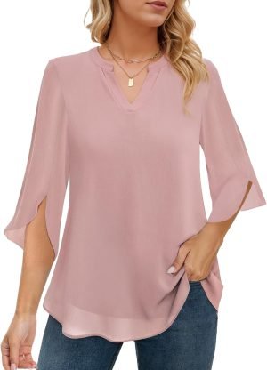 Women's 3/4 Sleeve Chiffon Blouses for Women Dressy Casual, V Neck Double Layers Chiffon Blouses 2024, Tunic Tops