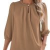 V Neck Puff 3/4 Length Sleeve Womens Tops Dressy Casual Chiffon Work Blouses Pleated T-Shirts Loose Fit S-XXL