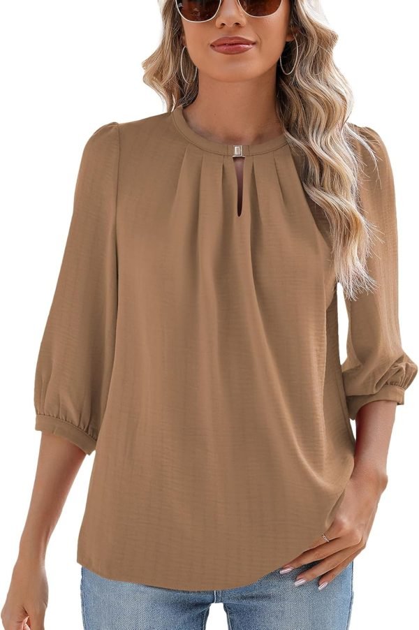 V Neck Puff 3/4 Length Sleeve Womens Tops Dressy Casual Chiffon Work Blouses Pleated T-Shirts Loose Fit S-XXL