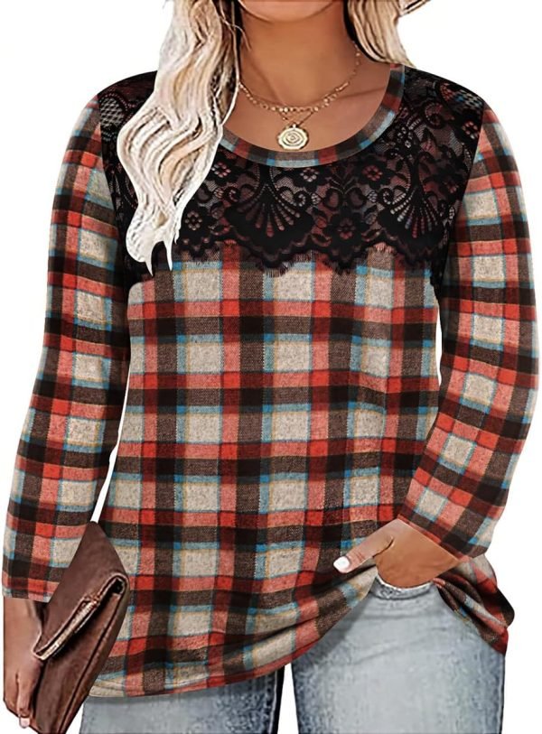 71ezLWLe1RL._AC_SL1200 Plus Size Lace Tops for Women Long Sleeve Crewneck Pullover Fall T-shirts Tunics Basic Tees T-Shirts XL-5XL