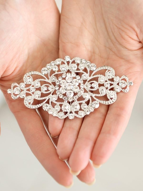 Vintage Bridal Crystal Brooch Pin, 4" Wide, Antique Silver Wedding Pin, Rhinestone Brooch for Brides and Wedding, Art Deco Fashion Accessory