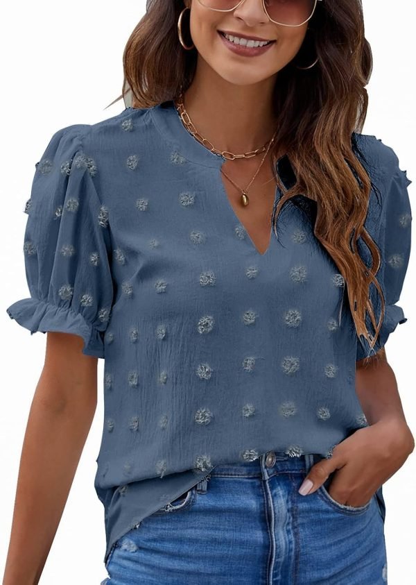 71fGl6_3LwL._AC_SL1500 Womens Puff Sleeve Summer Tops Chiffon Short Sleeve Blouses White V Neck Pom Pom Shirts