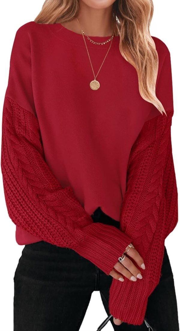 71fK3lM3FuL._AC_SL1500 Women's 2024 Fall Long Sleeve Crew Neck Solid Color Cable Knit Chunky Casual Oversized Pullover Sweater Tops