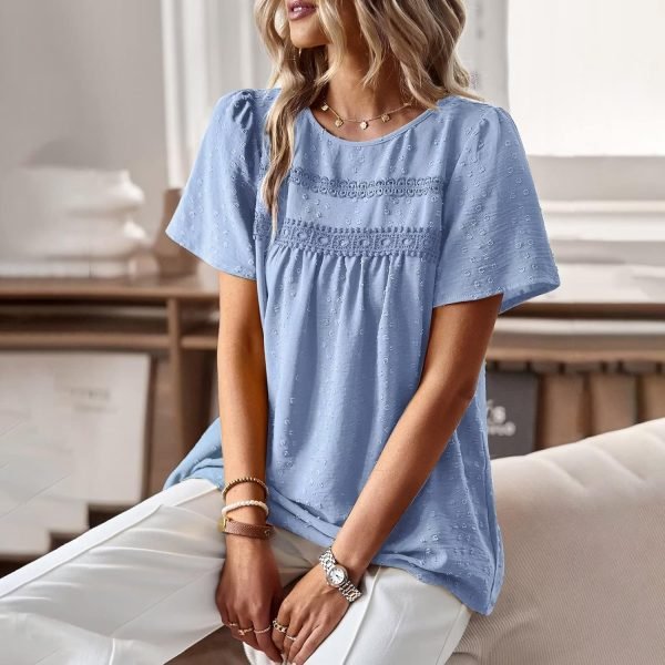 71fQcb5uCwL._AC_SL1500 Womens Summer Tops Crewneck Short Sleeve Shirts Casual Chiffon Blouses Flowy Lace Hem Boho Clothing Trendy 2024