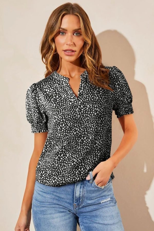 71fR9pATxhL._AC_SL1500 Womens Fashion Blouses Notched V Neck Puffer Short Sleeve Shirt Polka Dot Tops Chiffon Dressy Shirts