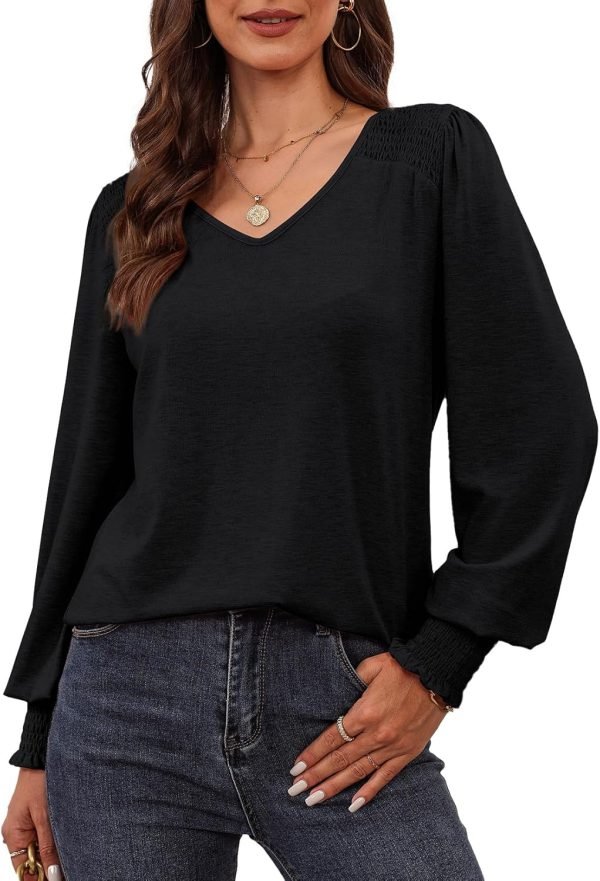 71gAExEcvGL._AC_SL1500 Women's Casual Long Sleeve Tops Shirred Shoulders Solid Color Knit Ribbed T Shirts Blouses