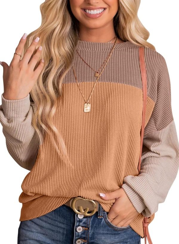 71gRPbLqQmL._AC_SL1500 Womens Fashion 2024 Color Block Long Sleeve Crewneck Knitted Casual Loose Pullover Shirts Tops