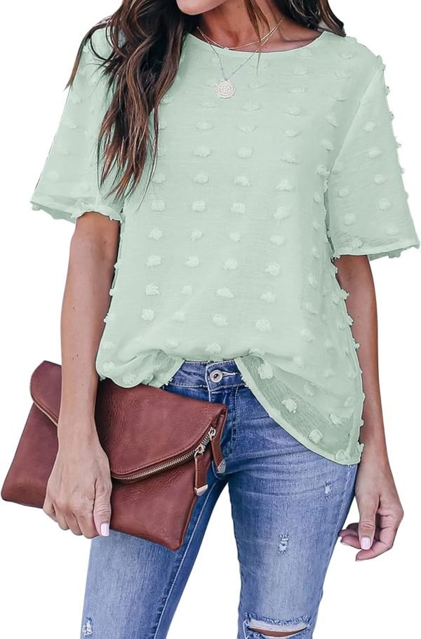 71gVnA1Qb9L._AC_SL1500 Womens Chiffon Blouse Summer Casual Round Neck Short Sleeve Pom Pom Shirts Top