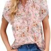 Womens Tops Summer Casual Boho Floral Print Short Sleeve Half Button Down V Neck Chiffon Blouses Shirts