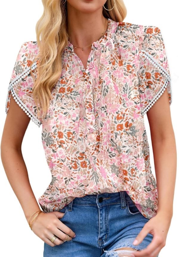 71gjRTvSpuL._AC_SL1500 Womens Tops Summer Casual Boho Floral Print Short Sleeve Half Button Down V Neck Chiffon Blouses Shirts
