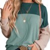 Womens Fashion 2024 Color Block Long Sleeve Crewneck Knitted Casual Loose Pullover Shirts Tops