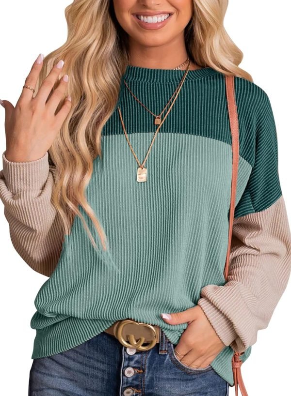 71hM3VNbmxL._AC_SL1500 Womens Fashion 2024 Color Block Long Sleeve Crewneck Knitted Casual Loose Pullover Shirts Tops