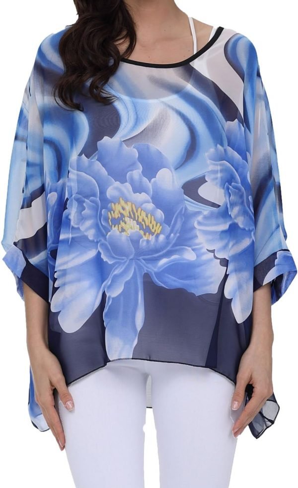 Women Chiffon Blouse Floral Batwing Sleeve Beach Cover Loose Tunic Shirt Tops