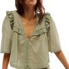 Women's Sexy Low Cut Chiffon Shirt  3/4 Sleeve V Neck Sheer Button Down Blouse Cute Ruffle Lace Trim Top