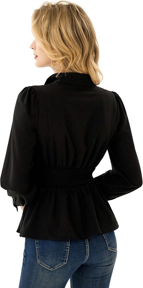 71hzSEjvy6L._AC_SL1500 Women's Long Sleeve Peplum Dressy Shirt Office Bow Tie Work Blouses Tops Smocked Waist