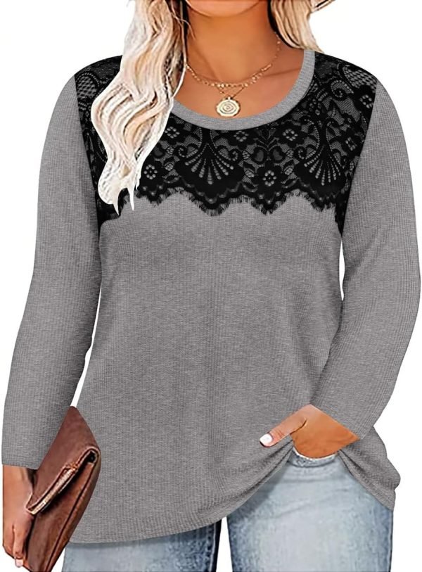 71i-bFHxeSL._AC_SL1200 Plus Size Lace Tops for Women Long Sleeve Crewneck Pullover Fall T-shirts Tunics Basic Tees T-Shirts XL-5XL