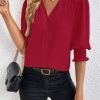 Women's Summer Puff Sleeve Top V Neck Ruffle Button Shirt Pleated Dressy Casual Chiffon Blouses