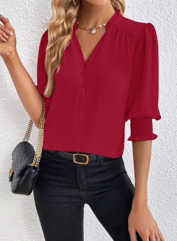 71iSSodTL5L._AC_SL1500 Women's Summer Puff Sleeve Top V Neck Ruffle Button Shirt Pleated Dressy Casual Chiffon Blouses