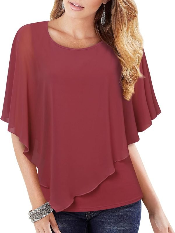71j2ctd1q1L._AC_SL1500 Women's Lightweight Flowy Shirt Double-Layered Printed Chiffon Poncho Blouse Top