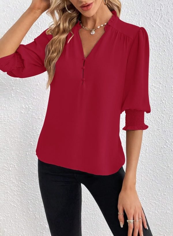 71jxjVjLgxL._AC_SL1500 Women's Summer Puff Sleeve Top V Neck Ruffle Button Shirt Pleated Dressy Casual Chiffon Blouses