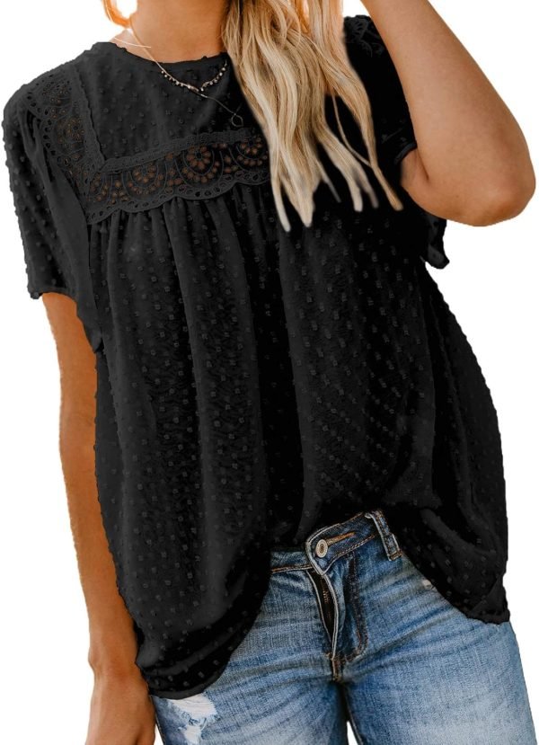 71kB0CPy65L._AC_SL1500 Womens Crewneck Lace Crochet Pom Pom Flowy Short Sleeve Casual Shirts Blouses Tops