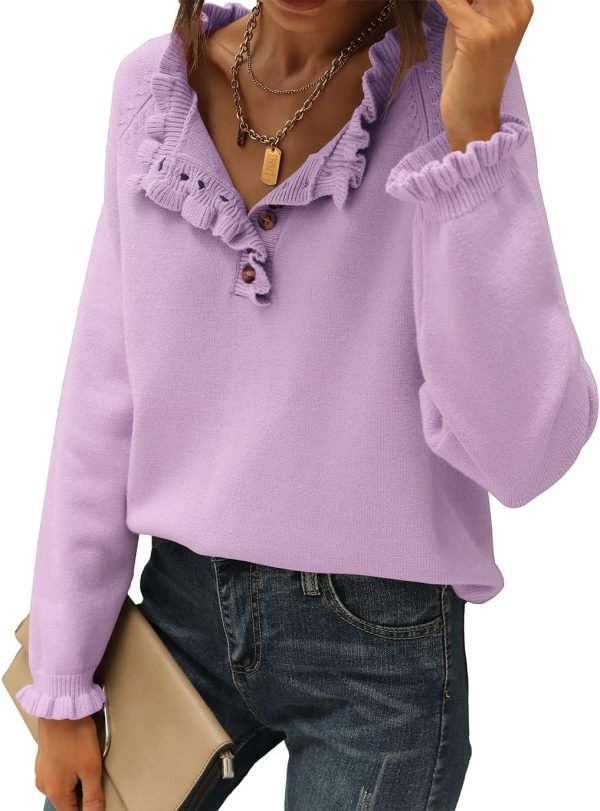 71keC9aODTL._AC_SL1375 Women's Sweaters Casual Long Sleeve Button Down Crew Neck Ruffle Knit Pullover Sweater Tops Solid Color Striped