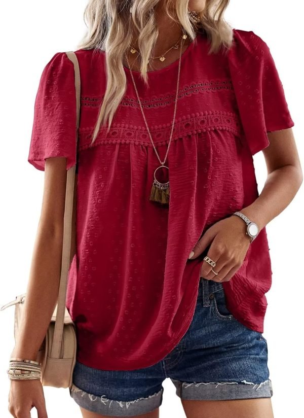 71kf4CZpoxL._AC_SL1500 Womens Summer Tops Crewneck Short Sleeve Shirts Casual Chiffon Blouses Flowy Lace Hem Boho Clothing Trendy 2024