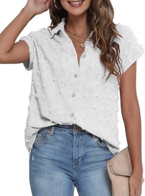Women White Button Down Shirt Dressy Casual Work Tops Chiffon Blouse Summer Short Sleeve Shirts