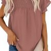 Womens Crewneck Lace Crochet Pom Pom Flowy Short Sleeve Casual Shirts Blouses Tops