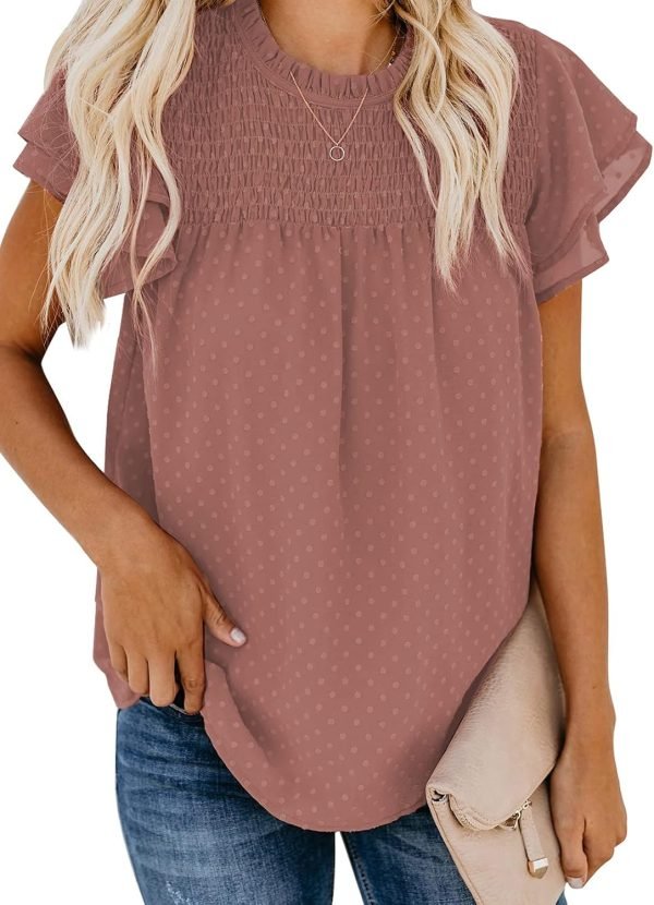 71lTb793oNS._AC_SL1500 Womens Crewneck Lace Crochet Pom Pom Flowy Short Sleeve Casual Shirts Blouses Tops