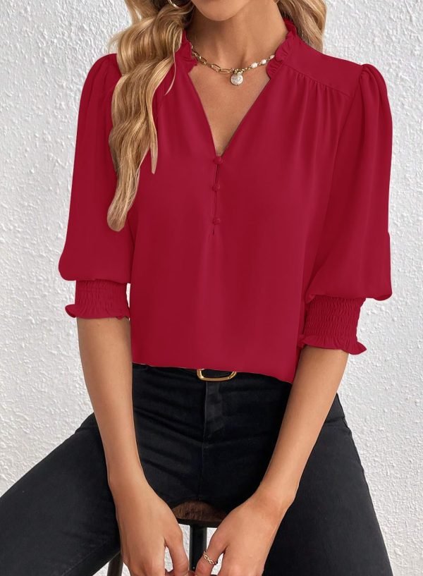 71lUv2mTs2L._AC_SL1500 Women's Summer Puff Sleeve Top V Neck Ruffle Button Shirt Pleated Dressy Casual Chiffon Blouses
