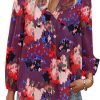 Women's Long Sleeve V Neck Shirt Dressy Pleated Top Casual Loose Chiffon Blouses