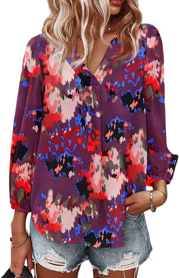 Women's Long Sleeve V Neck Shirt Dressy Pleated Top Casual Loose Chiffon Blouses