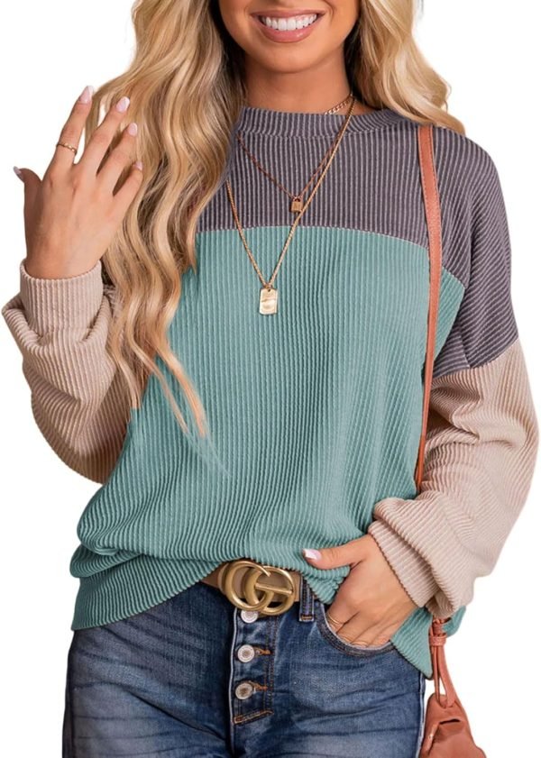 71m1_mWiIIL._AC_SL1500 Womens Fashion 2024 Color Block Long Sleeve Crewneck Knitted Casual Loose Pullover Shirts Tops