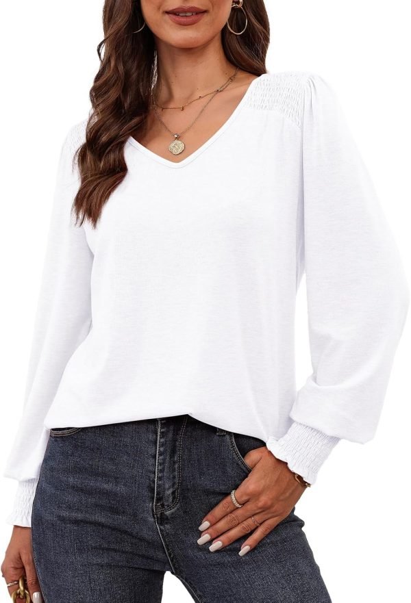 71mI3oN_PpL._AC_SL1500 Women's Casual Long Sleeve Tops Shirred Shoulders Solid Color Knit Ribbed T Shirts Blouses