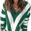 Womens 2024 Deep V Neck Sweaters Striped Long Sleeve Knit Pullover Sweaters for Women