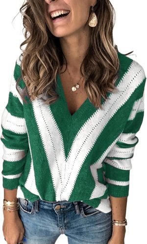 Womens 2024 Deep V Neck Sweaters Striped Long Sleeve Knit Pullover Sweaters for Women