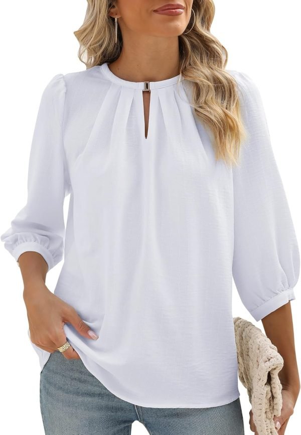 V Neck Puff 3/4 Length Sleeve Womens Tops Dressy Casual Chiffon Work Blouses Pleated T-Shirts Loose Fit S-XXL