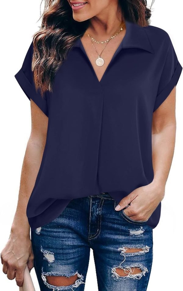 Women's Summer Work Blouse V Neck Short Sleeve Lapel Shirt Top Tunic
