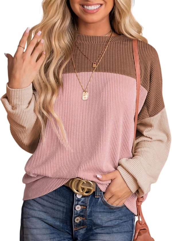 71mo5o9bFmL._AC_SL1500 Womens Fashion 2024 Color Block Long Sleeve Crewneck Knitted Casual Loose Pullover Shirts Tops