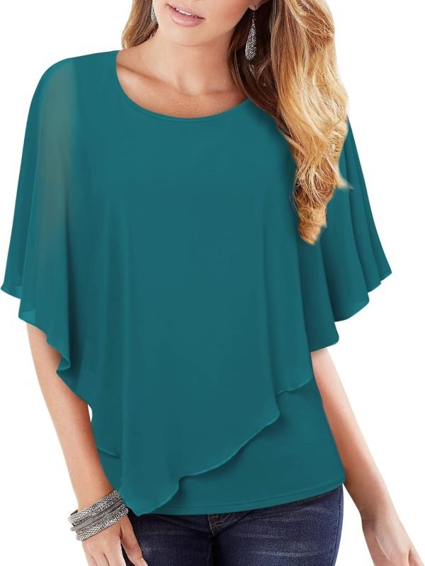 71mpBO0oKaL._AC_SL1500 Women's Lightweight Flowy Shirt Double-Layered Printed Chiffon Poncho Blouse Top