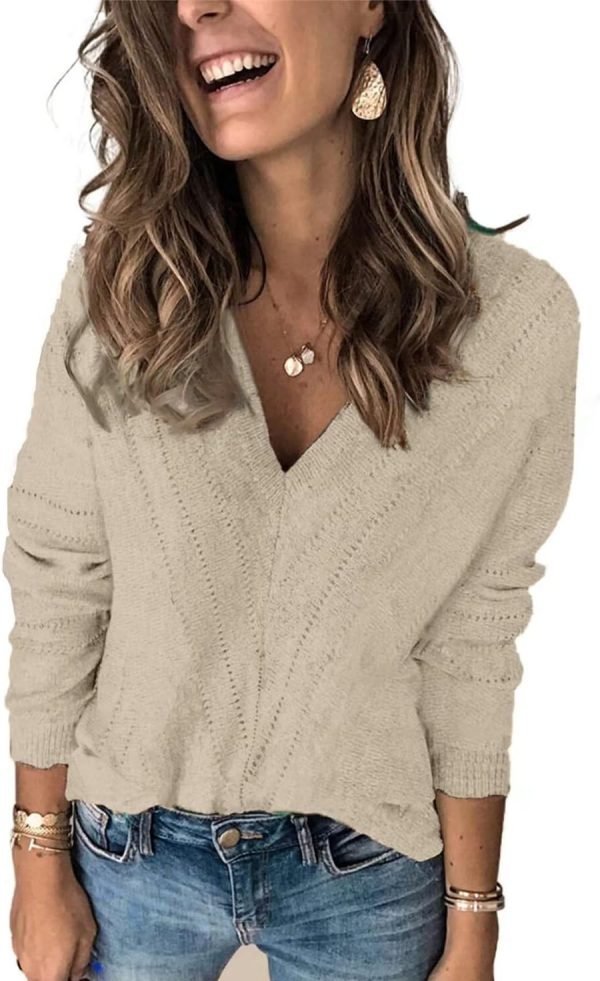 71msv_RFMRL._AC_SL1472 Womens 2024 Deep V Neck Sweaters Striped Long Sleeve Knit Pullover Sweaters for Women