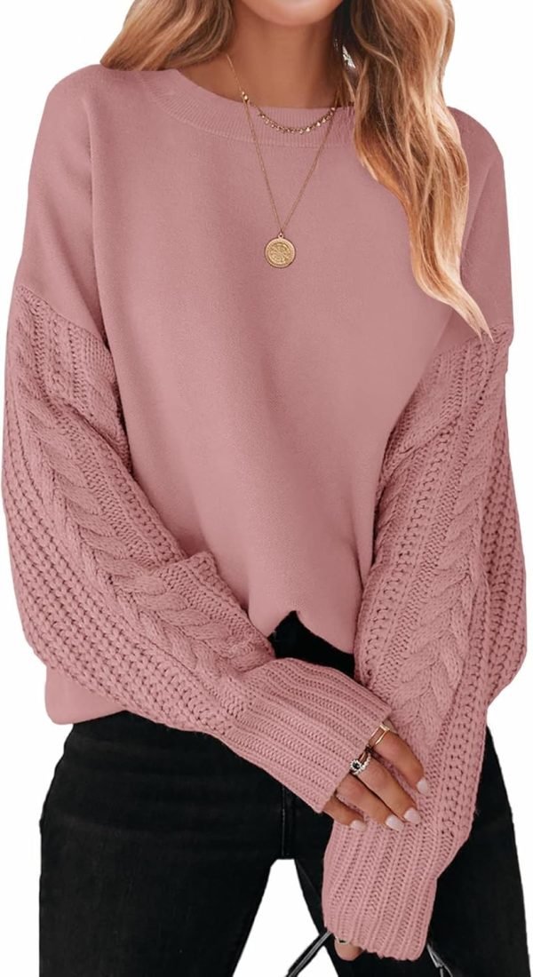 71n5zSc2uBL._AC_SL1500 Women's 2024 Fall Long Sleeve Crew Neck Solid Color Cable Knit Chunky Casual Oversized Pullover Sweater Tops